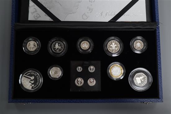 A cased Queens 80th birthday silver proof coin collection, maundy 1p-£5.